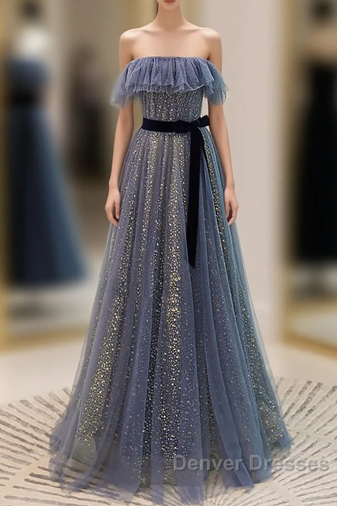 Lovely Blue A-Line Shiny Tulle Sweetheart Party Dress, Blue Long Formal Dress Prom Dress Main image