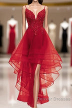 Lovely Blue High Low V-Neckline Straps Party Dress, New Straps Prom Dress
