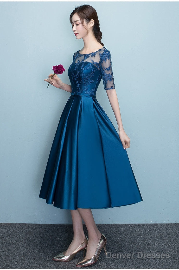 Lovely Blue Short Sleeves Lace And Satin Party Dress, Blue Homecoming Dresses Secondary image