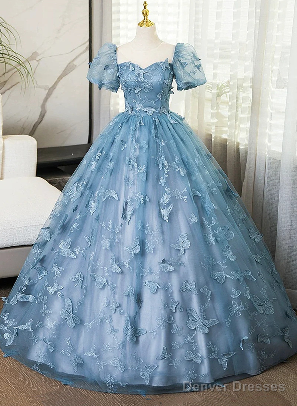 Lovely Blue Short Sleeves Long Party Dress With Butterfly Lace, Blue Prom Dress Main image