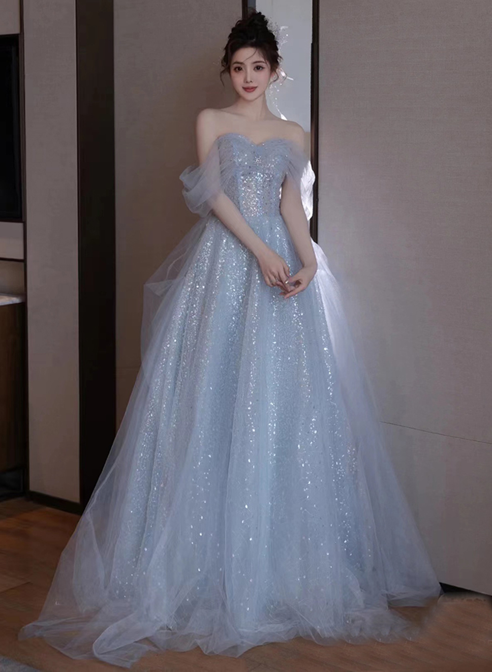 Lovely Blue Tulle Off Shoulder Beaded Party Dress, A-Line Tulle Blue Wedding Party Dress Main image