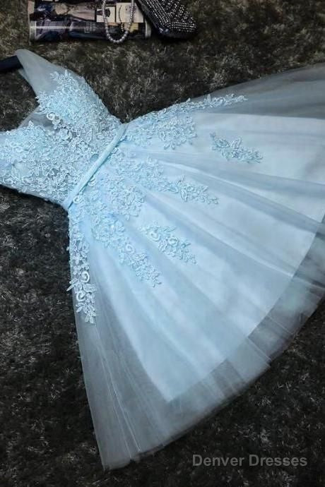 Lovely Blue Tulle V-Neckline Short Party Dress, Tulle With Lace Homecoming Dress Main image