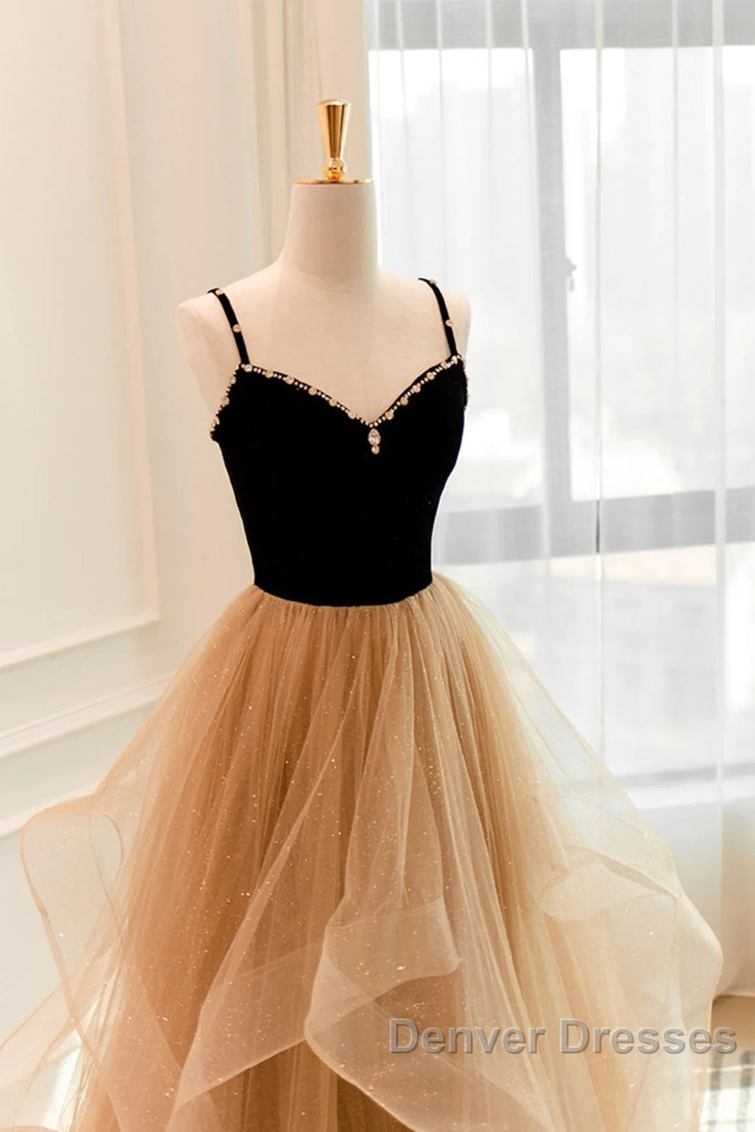 Lovely Champagne A-Line Beaded Strap Party Dress, Tulle Layers Long Prom Dress Secondary image