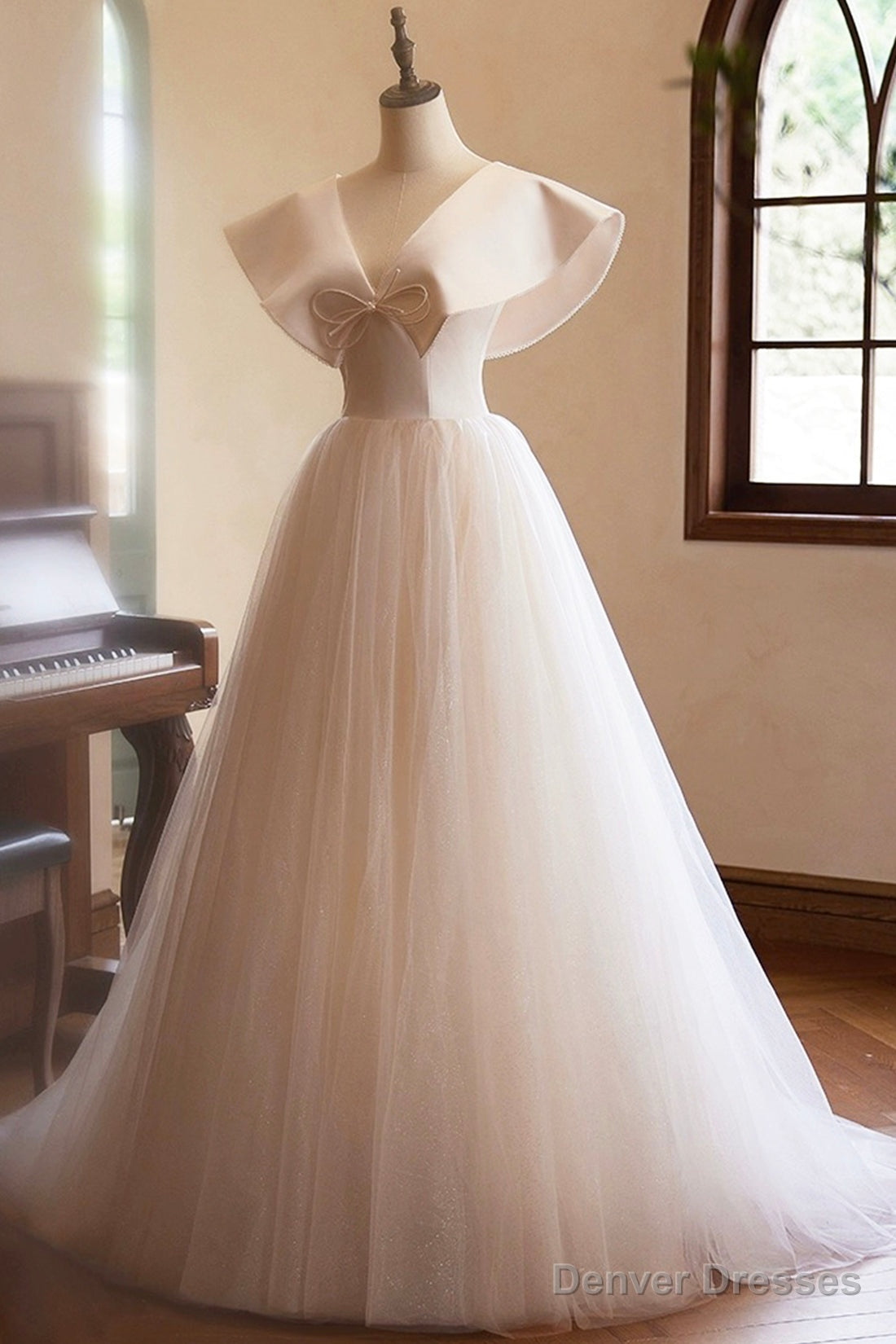 Lovely Champagne Long Prom Dresses, A-Line Princess V-Neck Bow Sleeveless Backless Formal Dresses Secondary image
