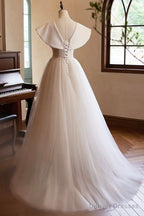 Lovely Champagne Long Prom Dresses, A-Line Princess V-Neck Bow Sleeveless Backless Formal Dresses