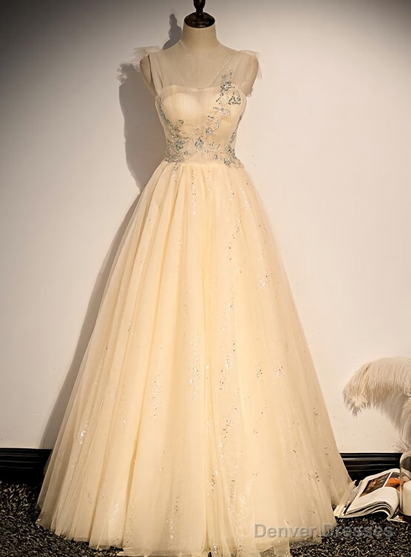 Lovely Champagne Sequins Long Party Dress, A-line Tulle Formal Dress Secondary image