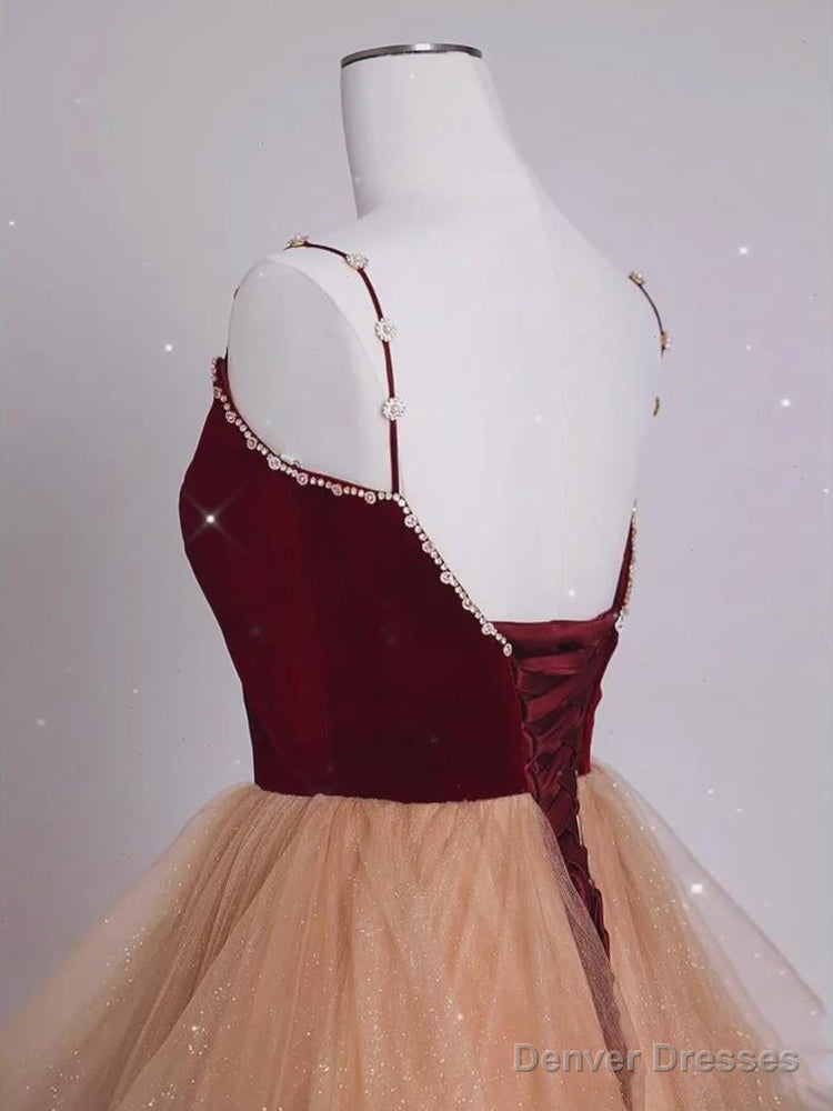 Lovely Champagne Tulle and Wine Red Velvet Straps Prom Dress, A-line Long Party Dress Secondary image