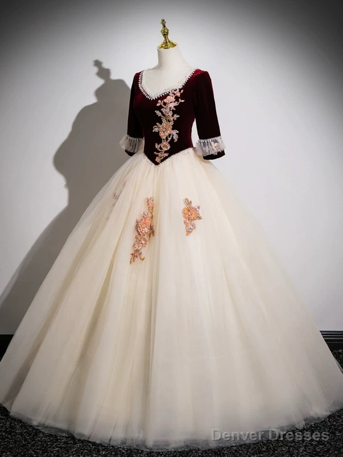 Lovely Champagne Tulle and Wine Red Velvet Top Party Dress, Long Prom Dress Secondary image
