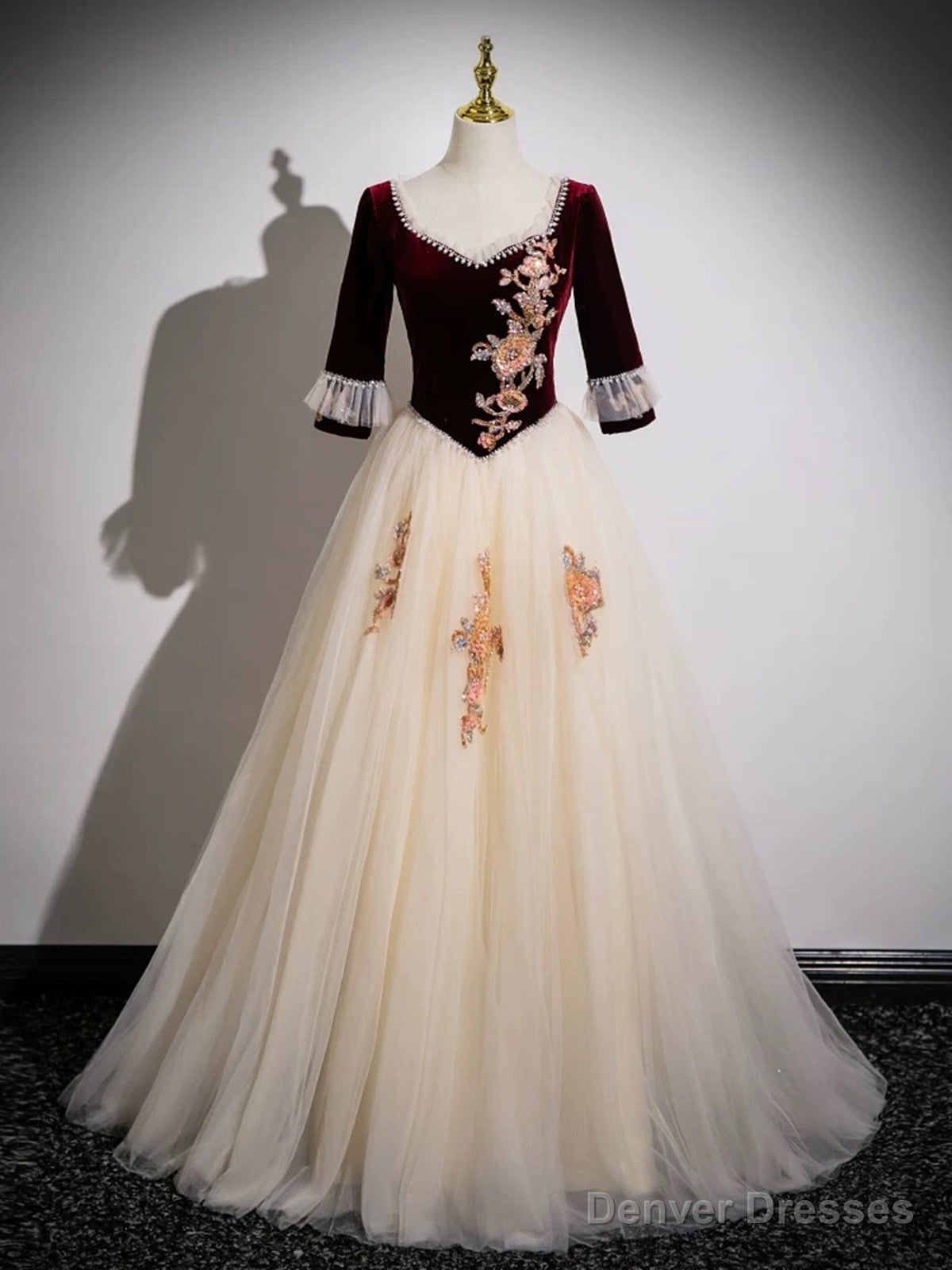 Lovely Champagne Tulle and Wine Red Velvet Top Party Dress, Long Prom Dress Main image