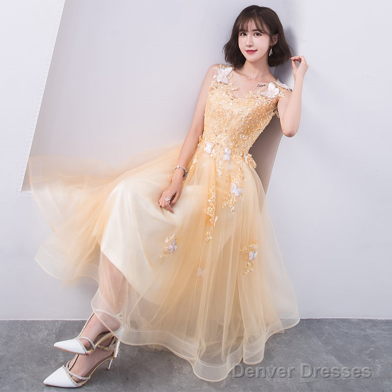 Lovely Champapgne Tulle Tea Length Party Dress With Butterfly, Cute Short Homecoming Dress Secondary image