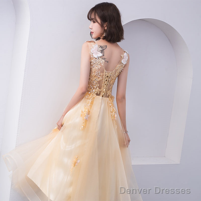 Lovely Champapgne Tulle Tea Length Party Dress With Butterfly, Cute Short Homecoming Dress