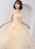 Lovely Champapgne Tulle Tea Length Party Dress With Butterfly, Cute Short Homecoming Dress