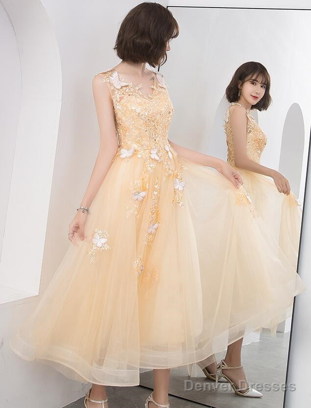Lovely Champapgne Tulle Tea Length Party Dress With Butterfly, Cute Short Homecoming Dress