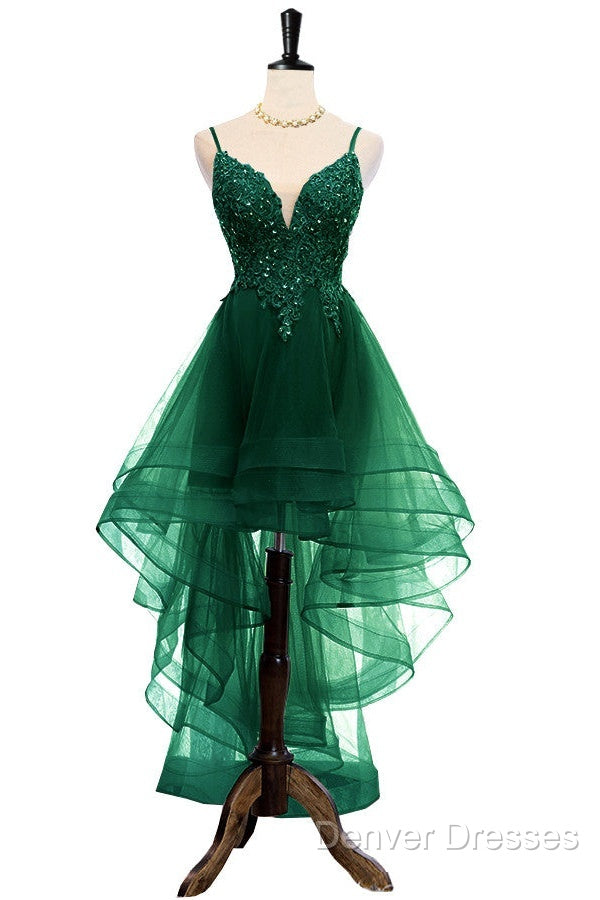 Lovely Dark Green High Low Chic Party Dress Prom Dress, V-Neckline Straps Homecoming Dress