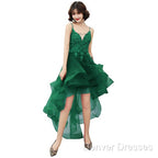 Lovely Dark Green High Low Chic Party Dress Prom Dress, V-Neckline Straps Homecoming Dress