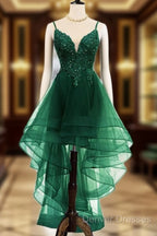 Lovely Dark Green High Low Chic Party Dress Prom Dress, V-Neckline Straps Homecoming Dress