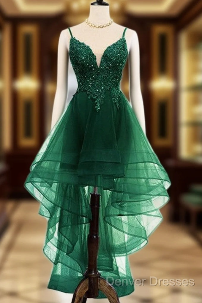 Lovely Dark Green High Low Chic Party Dress Prom Dress, V-Neckline Straps Homecoming Dress