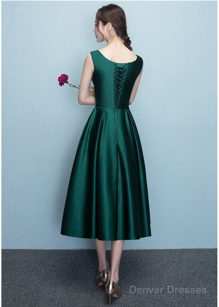 Lovely Dark Green Tea Length Simple Satin Bridesmaid Dress Prom Dress Secondary image