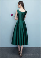 Lovely Dark Green Tea Length Simple Satin Bridesmaid Dress Prom Dress