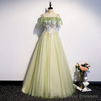 Lovely Flowers Off Shoulder Tulle Long Party Dress, A-line Tulle Light Green Prom Dress