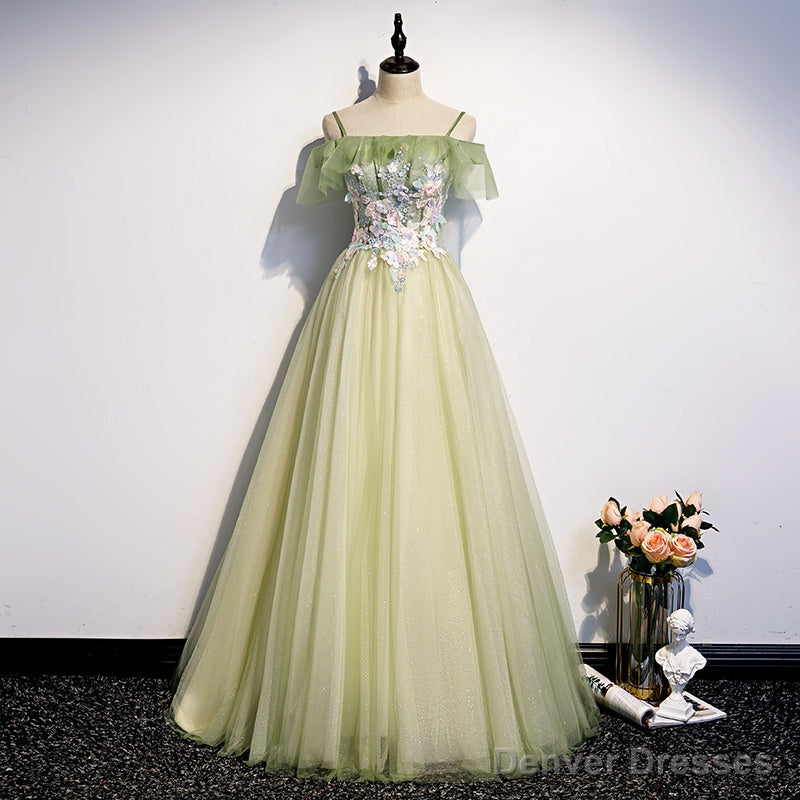 Lovely Flowers Off Shoulder Tulle Long Party Dress, A-line Tulle Light Green Prom Dress