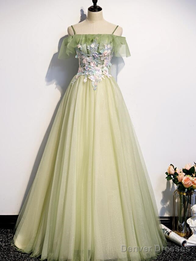 Lovely Flowers Off Shoulder Tulle Long Party Dress, A-line Tulle Light Green Prom Dress Secondary image