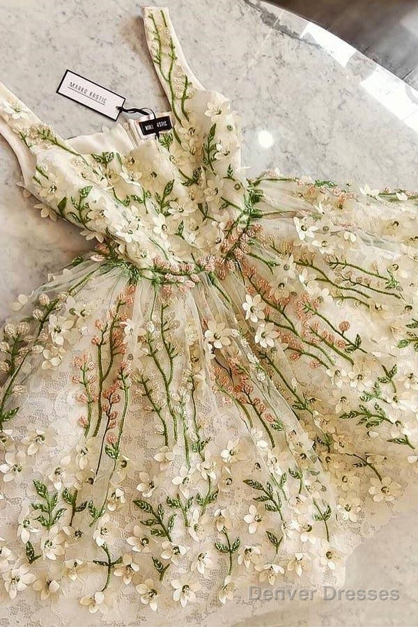 Lovely Flowers Straps Short Prom Dresses Lace Homecoming Dresses