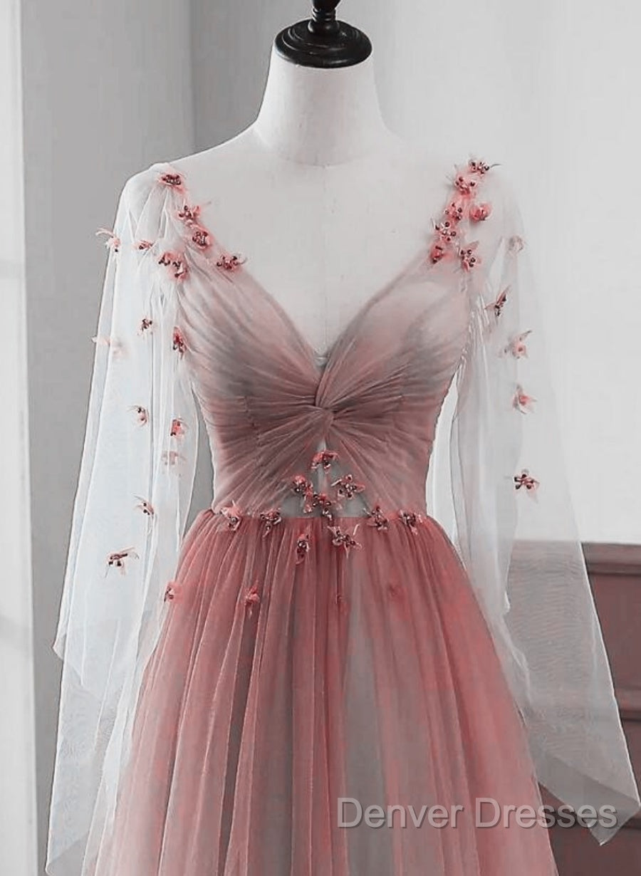 Lovely Gradient A-Line Tulle Long Sleeves Party Dress, Gradient Prom Dress Secondary image