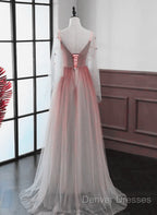 Lovely Gradient A-Line Tulle Long Sleeves Party Dress, Gradient Prom Dress