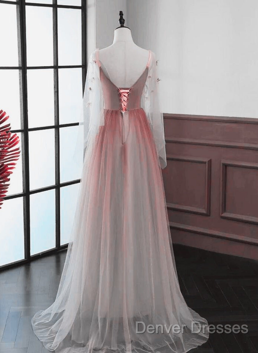 Lovely Gradient A-Line Tulle Long Sleeves Party Dress, Gradient Prom Dress
