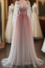 Lovely Gradient A-Line Tulle Long Sleeves Party Dress, Gradient Prom Dress