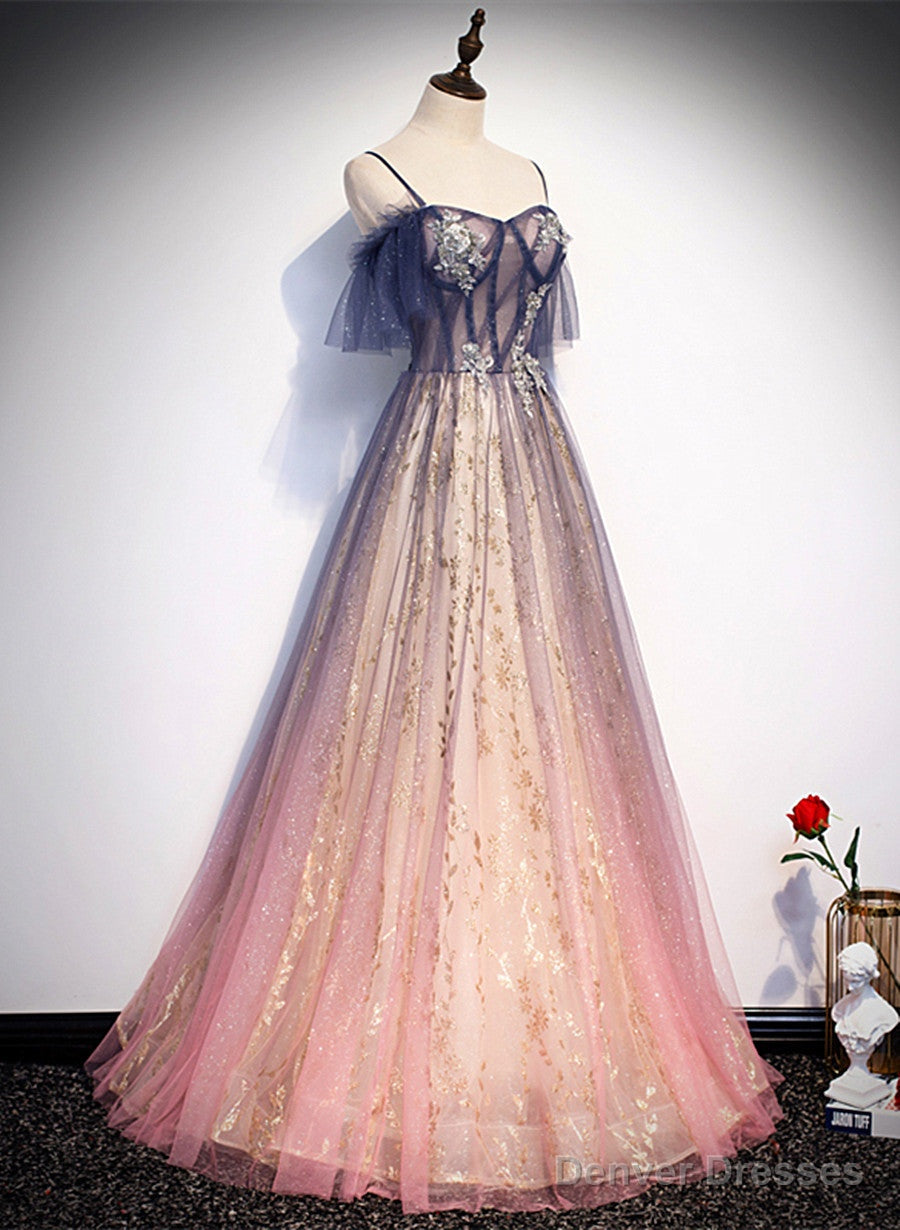 Lovely Gradient A-line Tulle with Lace Long Prom Dress, Long Formal Dress Party Dress Main image