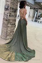 Lovely Green Backless Long Shiny Prom Dress Party Dress, Green Evening Dresses