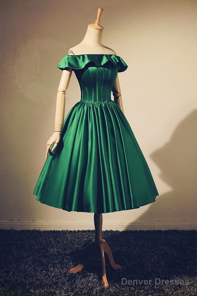 Lovely Green Satin Off Shoulder Knee Length Homecoming Dress, Short Prom Dress