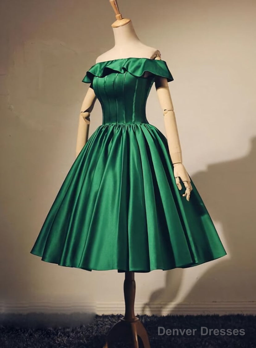 Lovely Green Satin Off Shoulder Knee Length Homecoming Dress, Short Prom Dress