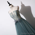 Lovely Green Tulle Lace Top Long Strapless Handmade Prom Dress,Tulle Evening Dress Party Dress