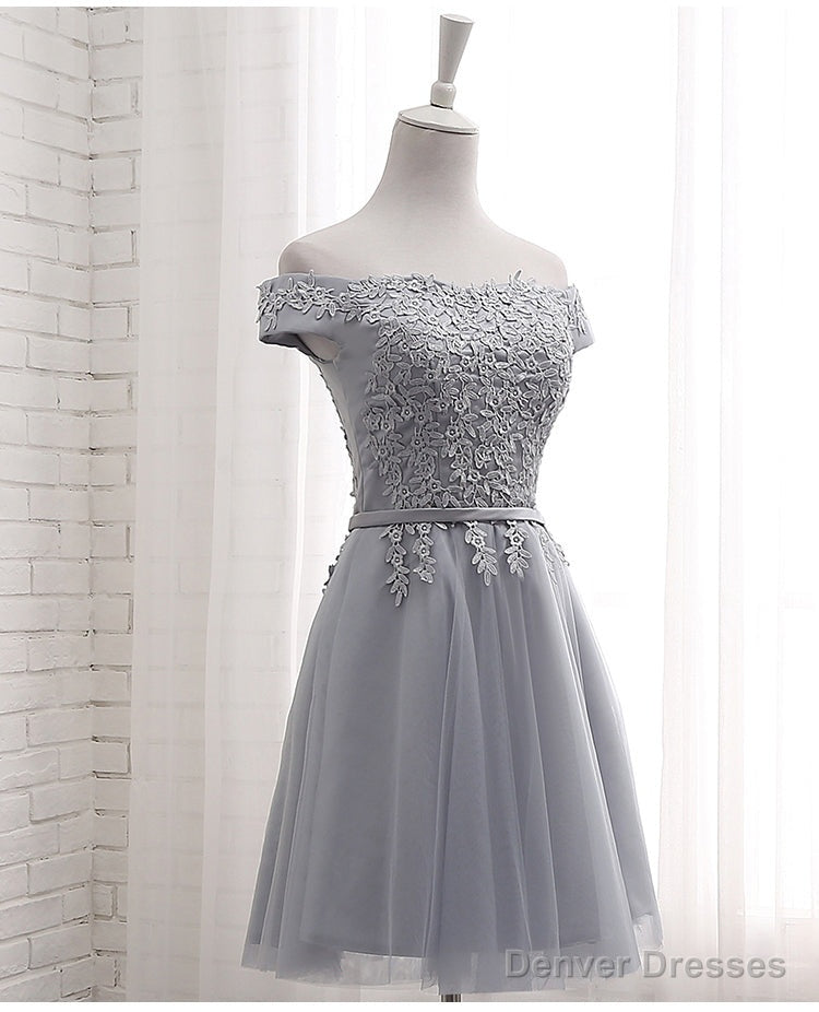 Lovely Grey Short Tulle Party Dress with Lace Applique, Bridesmaid Dresses  Cute Formal Dress