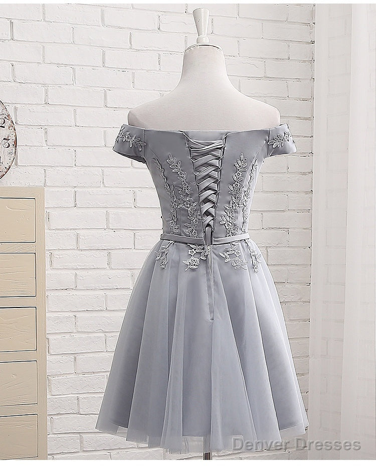 Lovely Grey Short Tulle Party Dress with Lace Applique, Bridesmaid Dresses  Cute Formal Dress