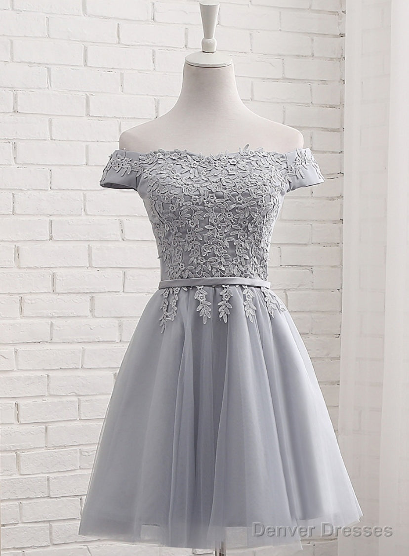 Lovely Grey Short Tulle Party Dress with Lace Applique, Bridesmaid Dresses  Cute Formal Dress Secondary image