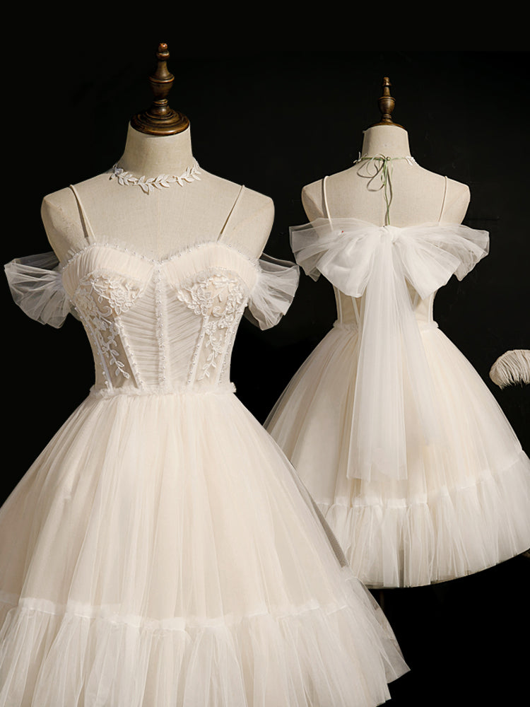 Lovely Ivory Tulle Straps Sweetheart Homecoming Dress With Bow, Short Prom Dress Party Dress Secondary image