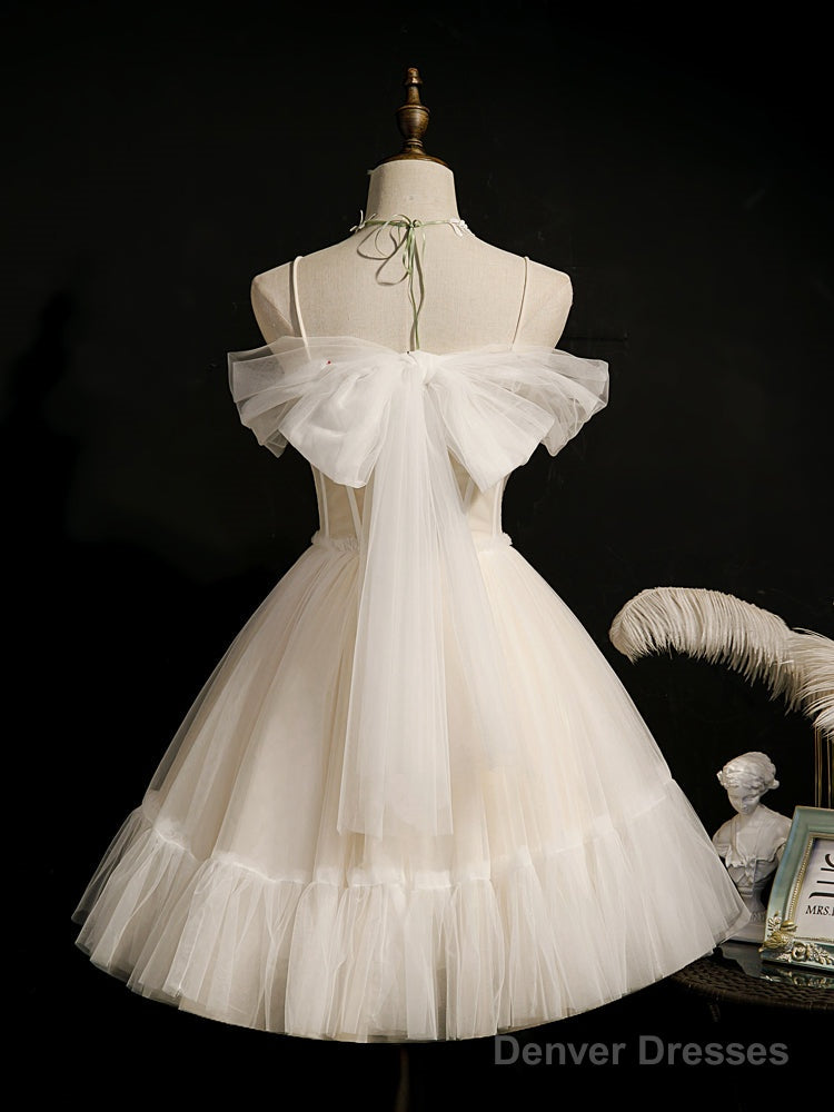 Lovely Ivory Tulle Straps Sweetheart Homecoming Dress With Bow, Short Prom Dress Party Dress