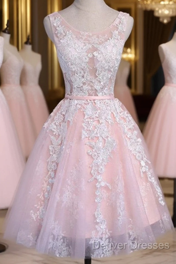 Lovely Junior Pink White Lace Appliques Lace Up Back Sleeveless Homecoming Dress Main image