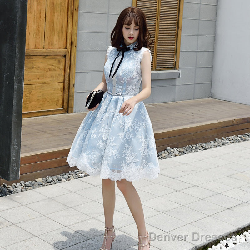 Lovely Lace Tulle Short High Neckline Homecoming Dress, Lace Short Party Dress Prom Dress