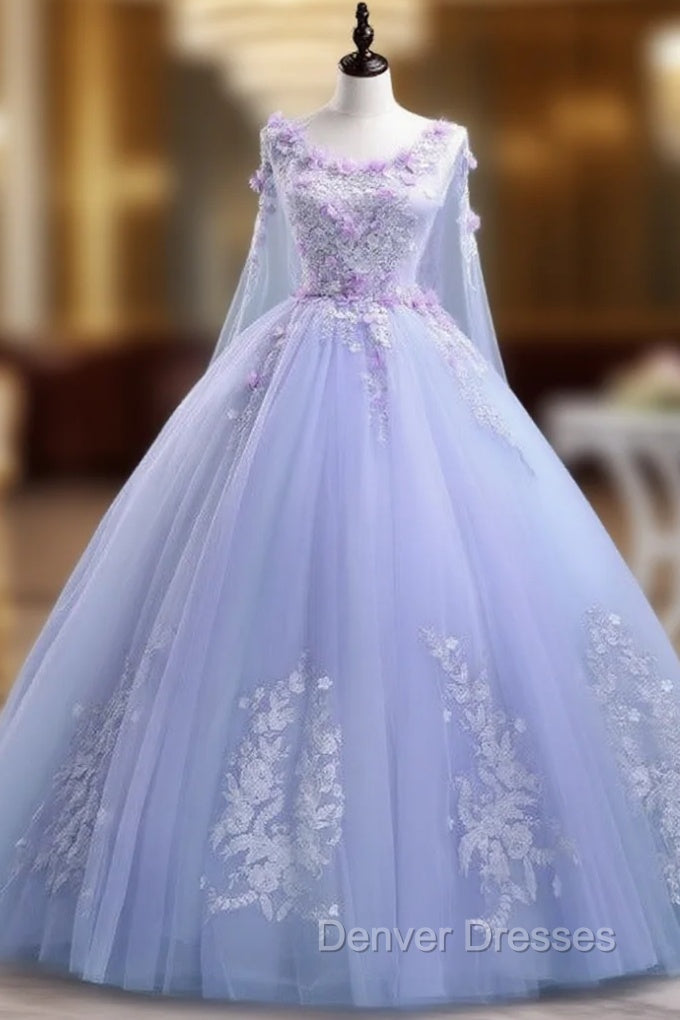 Lovely Lavender Tulle Flower Lace Ball Gown Formal Gown, Lavender Sweet 16 Dress