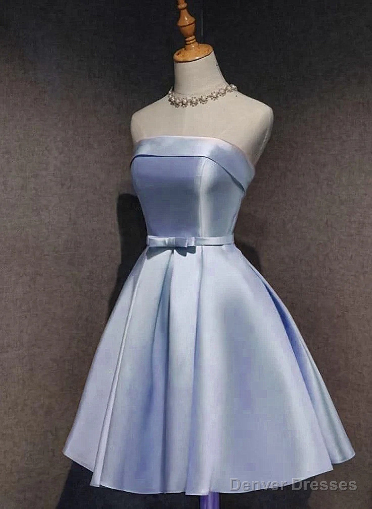 Lovely Light Blue Satin Knee Length Homecoming Dress, Blue Short Party Dress Main image