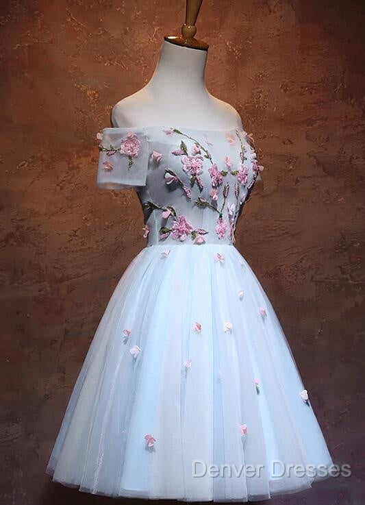 Lovely Light Blue Tulle Knee Length Homecoming Dress, Cute Floral Party Dress Secondary image