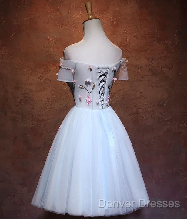 Lovely Light Blue Tulle Knee Length Homecoming Dress, Cute Floral Party Dress