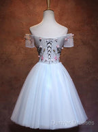 Lovely Light Blue Tulle Knee Length Homecoming Dress, Cute Floral Party Dress
