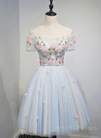 Lovely Light Blue Tulle Knee Length Homecoming Dress, Cute Floral Party Dress