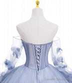 Lovely Light Blue Tulle Long Sleeves Sweet 16 Dress, Light Blue Flowers Formal Dress.